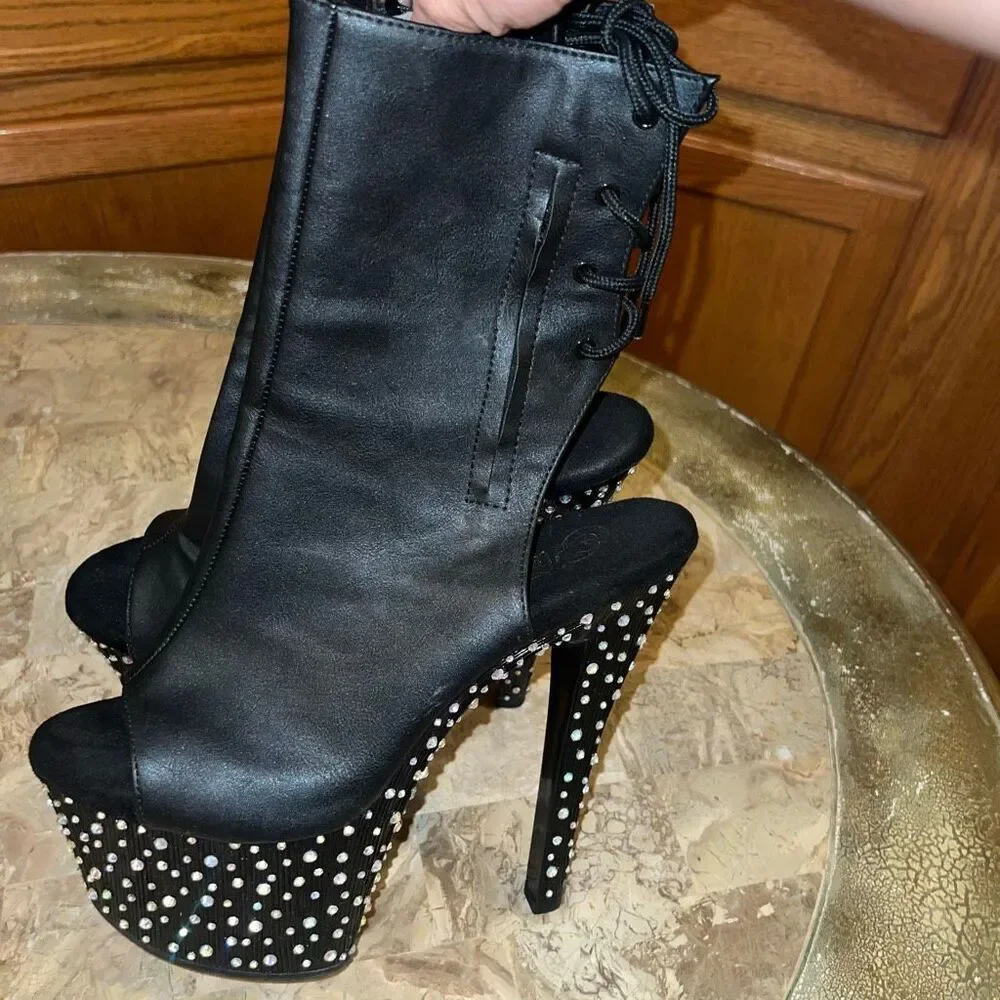 Pleasers pleaser Stardance 1018-7 Open Toe Ankle Boots With Rhinestones Platform